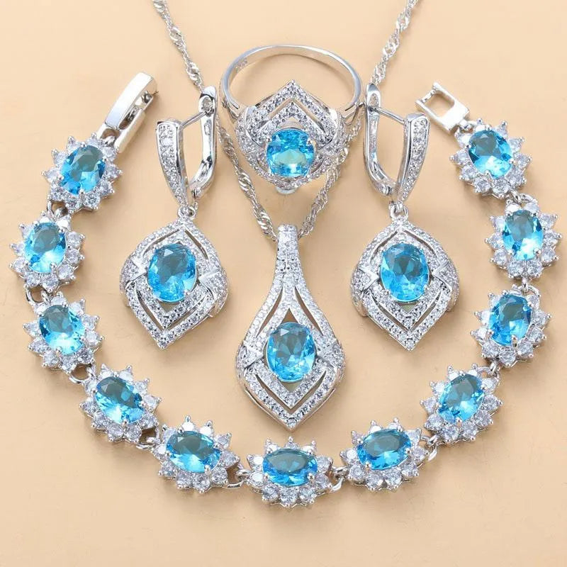 Inlaid Gemstone Pendant Earrings Necklace And Ring For Women 4 PCs Set