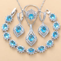 Inlaid Gemstone Pendant Earrings Necklace And Ring For Women 4 PCs Set