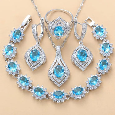 Inlaid Gemstone Pendant Earrings Necklace And Ring For Women 4 PCs Set