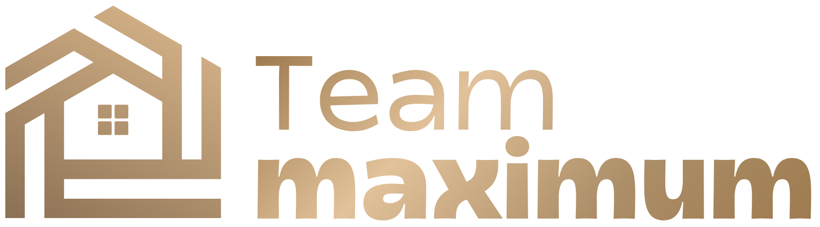 A gold logo featuring a stylized house icon next to the text 'Team maximum' on a plain white background.